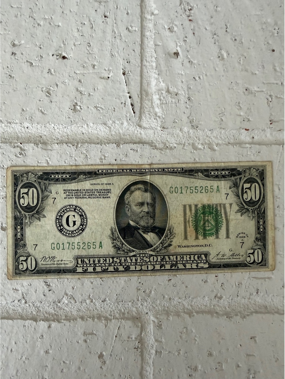 Vintage 1950s US $50 Silver Certificate Dollar Bill with Ulysses S. Grant